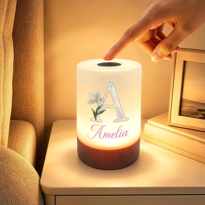 Personalized Name Mother of Pearl Effect Initial Birth Flower Dimmable Touch Control Rechargeable Night Light, Bedroom Decor, Birthday Gift for Women