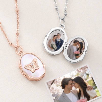 Personalized 1-2 Photos Butterfly Shell Oval Locket Necklace, Dainty Picture Jewelry, Birthday/Anniversary/Memorial Gift for Her/Mom/Family/Pet Lovers