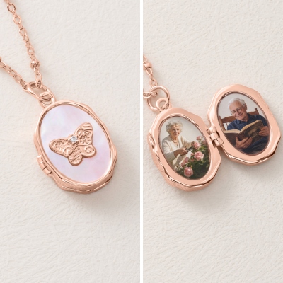 Personalized 1-2 Photos Butterfly Shell Oval Locket Necklace, Dainty Picture Jewelry, Birthday/Anniversary/Memorial Gift for Her/Mom/Family/Pet Lovers