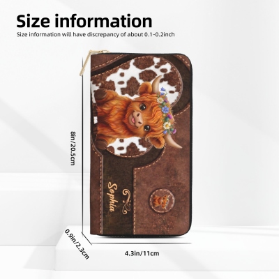 Personalized Heart Highland Cow PU Leather Wallet with Name, Women's Zip Around Clutch Purse, Birthday Gift for Her/Mom/Highland Cow Lovers