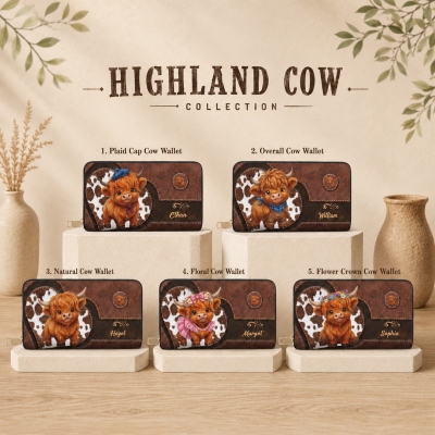 Personalized Heart Highland Cow PU Leather Wallet with Name, Women's Zip Around Clutch Purse, Birthday Gift for Her/Mom/Highland Cow Lovers
