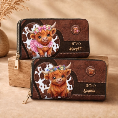 Personalized Heart Highland Cow PU Leather Wallet with Name, Women's Zip Around Clutch Purse, Birthday Gift for Her/Mom/Highland Cow Lovers