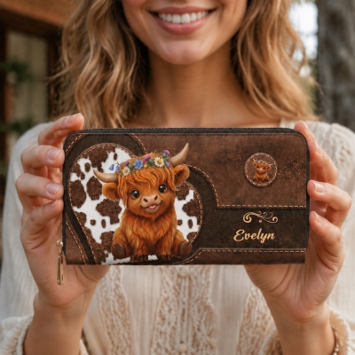 Personalized Heart Highland Cow PU Leather Wallet with Name, Women's Zip Around Clutch Purse, Birthday Gift for Her/Mom/Highland Cow Lovers