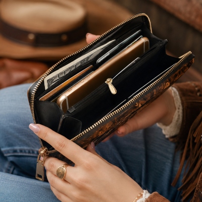 Personalized Heart Highland Cow PU Leather Wallet with Name, Women's Zip Around Clutch Purse, Birthday Gift for Her/Mom/Highland Cow Lovers