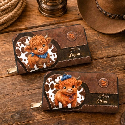 Personalized Heart Highland Cow PU Leather Wallet with Name, Women's Zip Around Clutch Purse, Birthday Gift for Her/Mom/Highland Cow Lovers