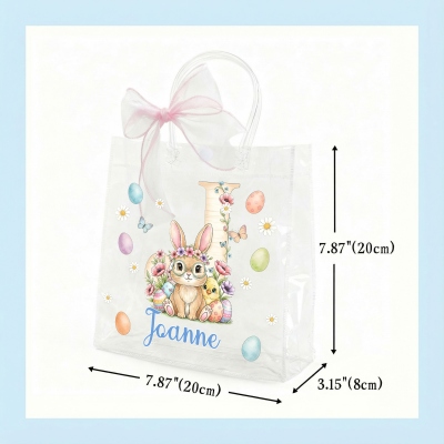 Personalized Name Floral Bunny Alphabet Easter Gift Bag with Pink Bow Ribbon, PVC Clear Easter Egg Hunt Bag, Easter Gift for Kids/Girls/Boys
