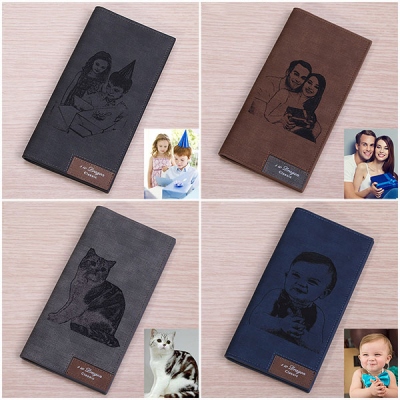 Men's Engraved Photo Leather Long Wallet